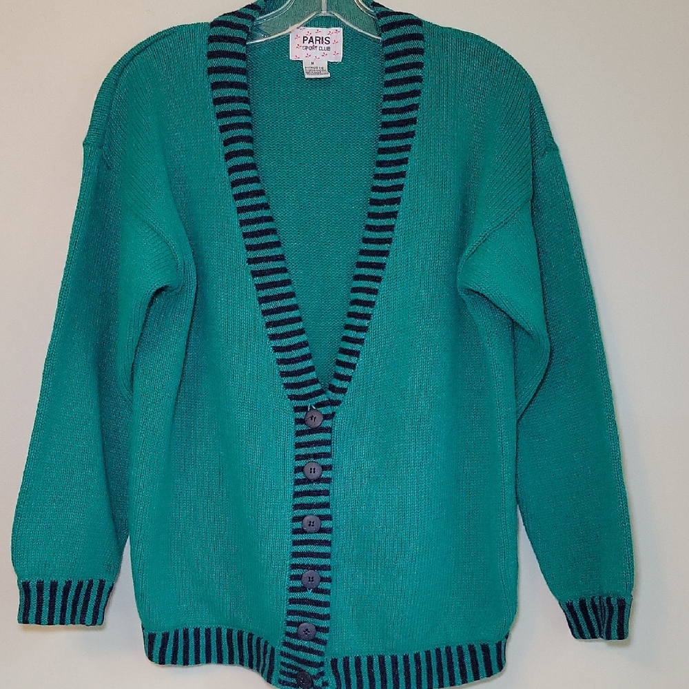 Paris Sport Club Vintage Teal Green Striped Trim Ramie Cotton Cardigan Sweater M